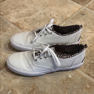 Sperry White Canvas Sneakers with Leopard Print